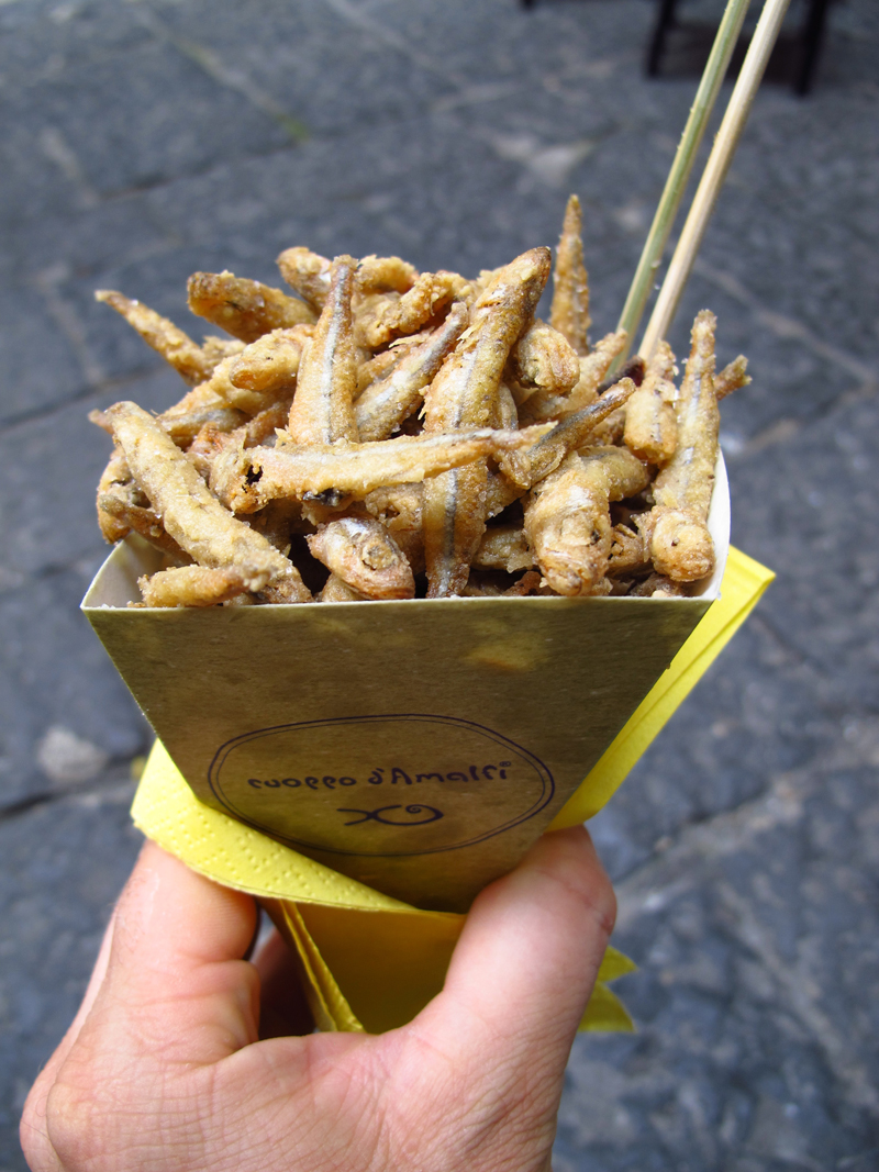 Cone of fried fish at Cuoppo d’Amalfi in Amalfi, Italy